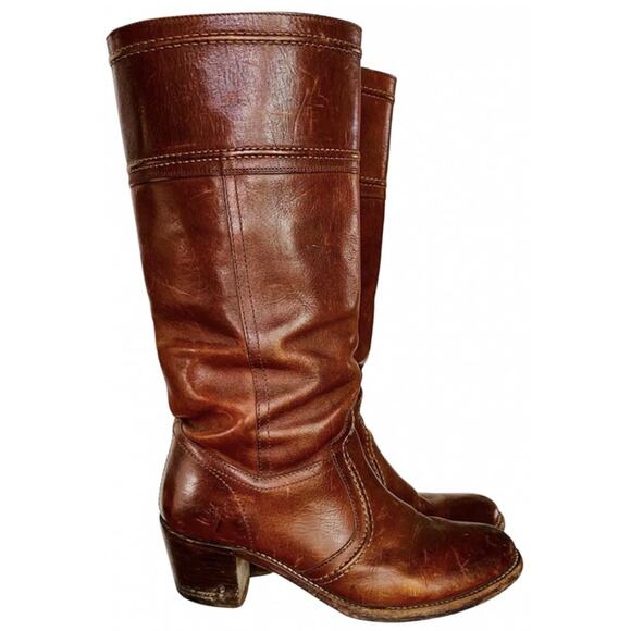 FRYE Cognac Brown Leather Jane Chunky Heel Riding Boots Knee High Tall Shoes 9.5 - Picture 1 of 12